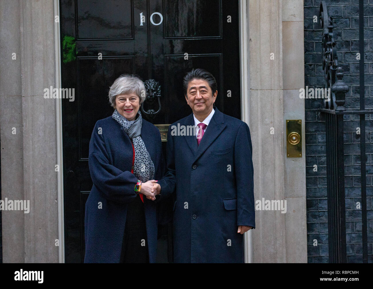 Theresa May, British Prime Minister, meets Shinzo Abe, the Prime Minister of Japan, for talks at 10 Downing Street. Stock Photo