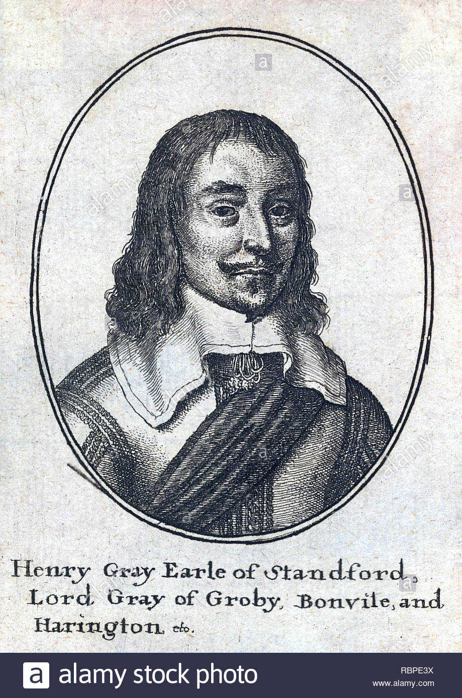 Henry Grey portrait, 1st Earl of Stamford, 1599 – 1673, known as the Lord Grey of Groby from 1614 to 1628, was an English nobleman and military leader. He was the eldest son of Sir John Grey and Elizabeth Nevill. Etching by Bohemian etcher Wenceslaus Hollar from 1600s Stock Photo