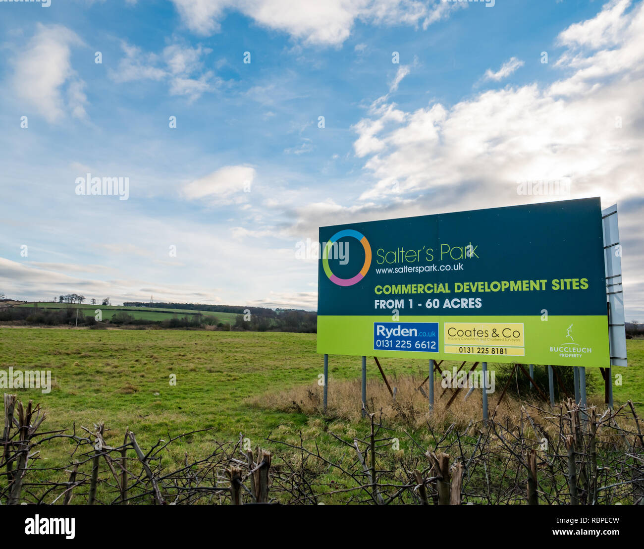 Billboard hoarding advert for commercial land development, Salters Park, Buccleuch Estates, Dalkeith, Midlothian, Scotland, UK Stock Photo