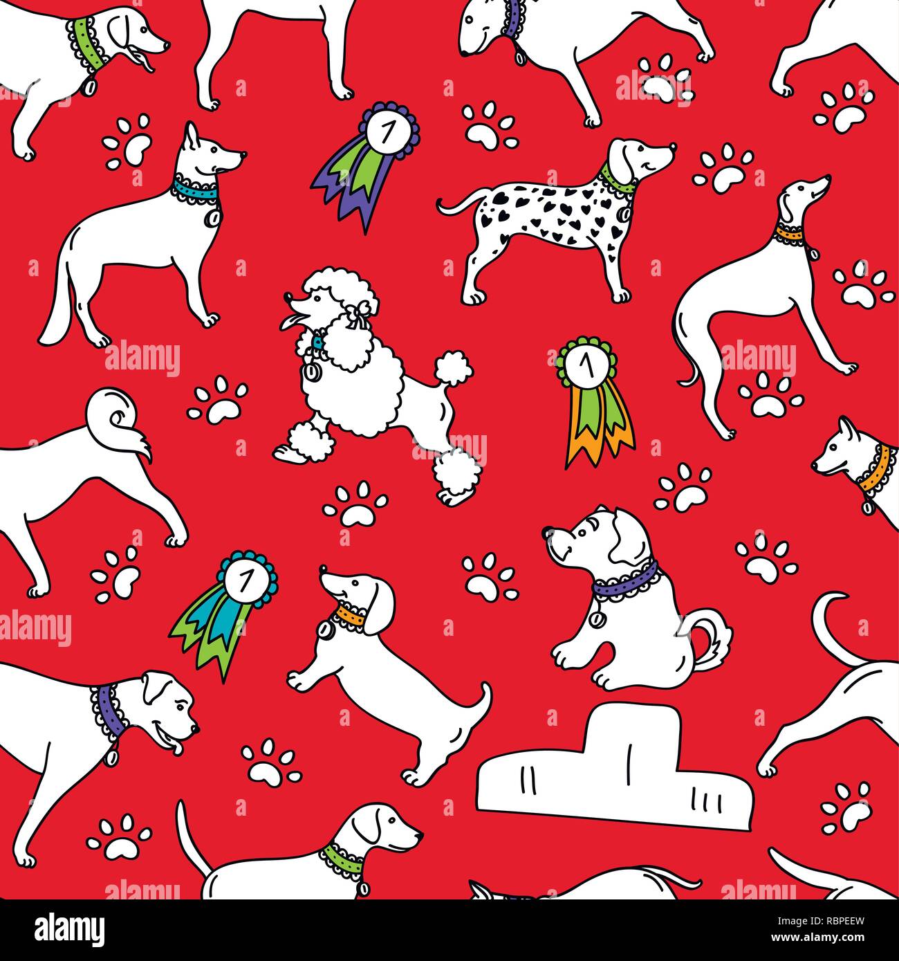 Seamless breeds dog pattern isolated on red background design for