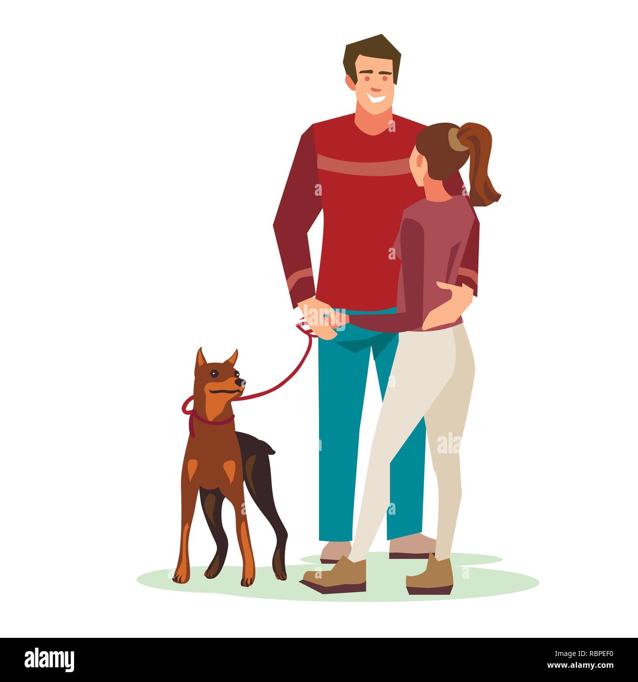 Young people (guy with a dog and girl talking) stood in a friendly hug. Illustration of people with pets isolated on white background. Bright design Stock Vector