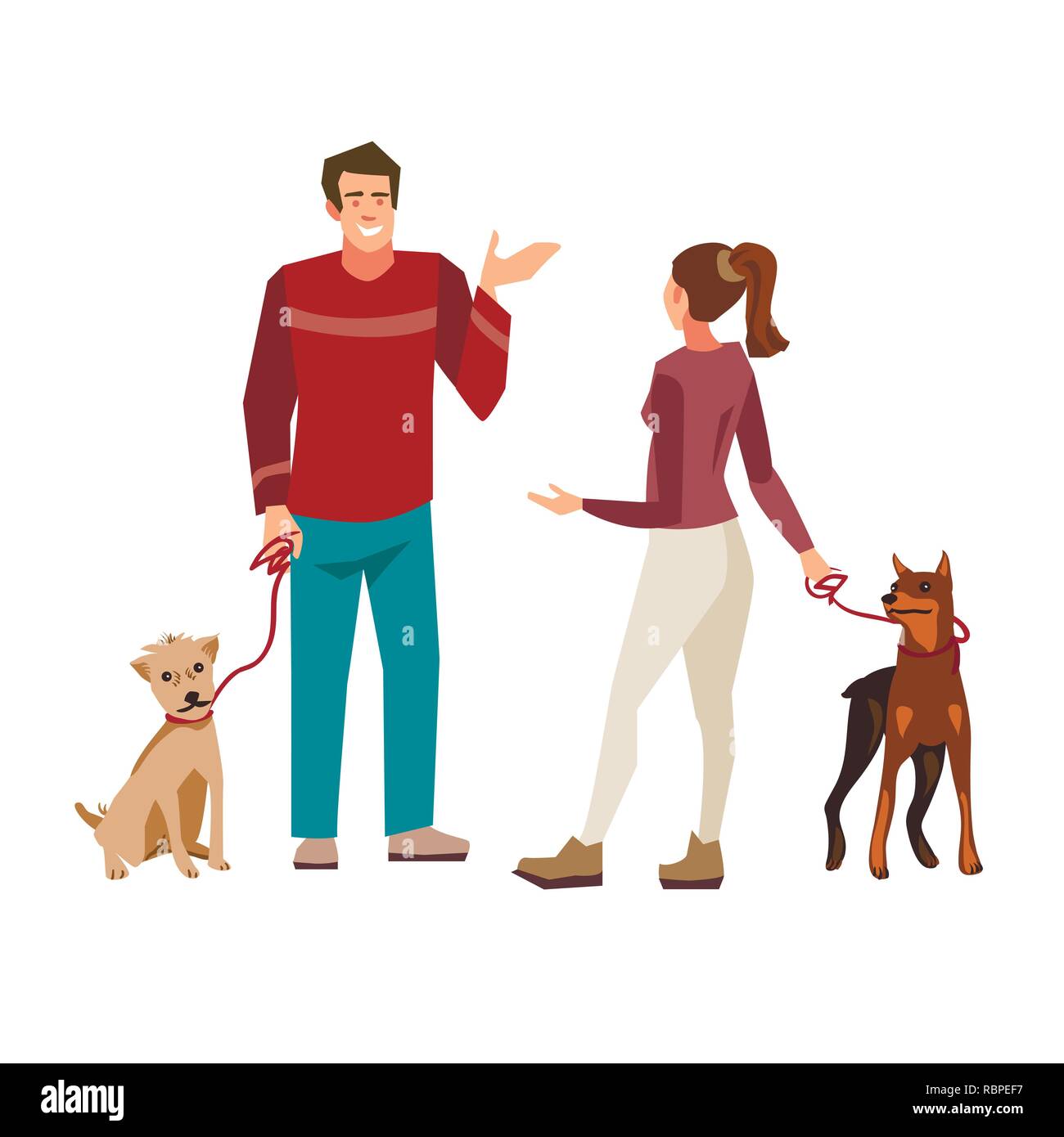 Young people ( guy and girl) talking while walking their dogs.  Illustration of people with pets isolated on white  background Stock Vector