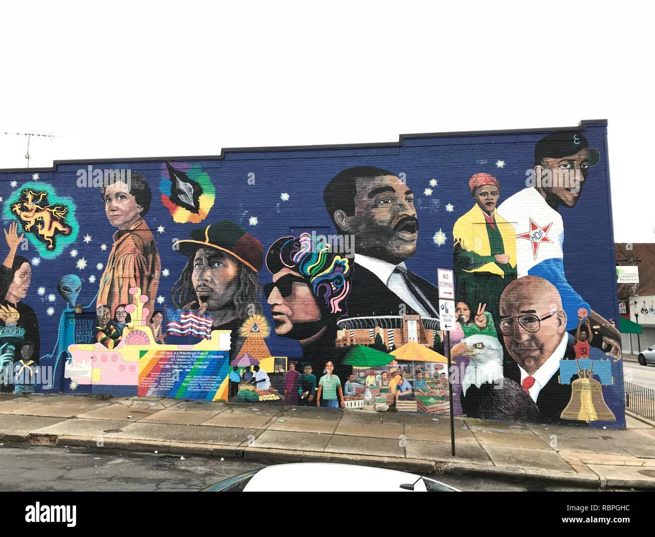 ‘A Little Help From Our Friends‘ (1966; Robert Hieronimus, muralist), Venable Avenue and Greenmount Avenue (southeast corner), Baltimore, MD 21218 (25787211717). Stock Photo