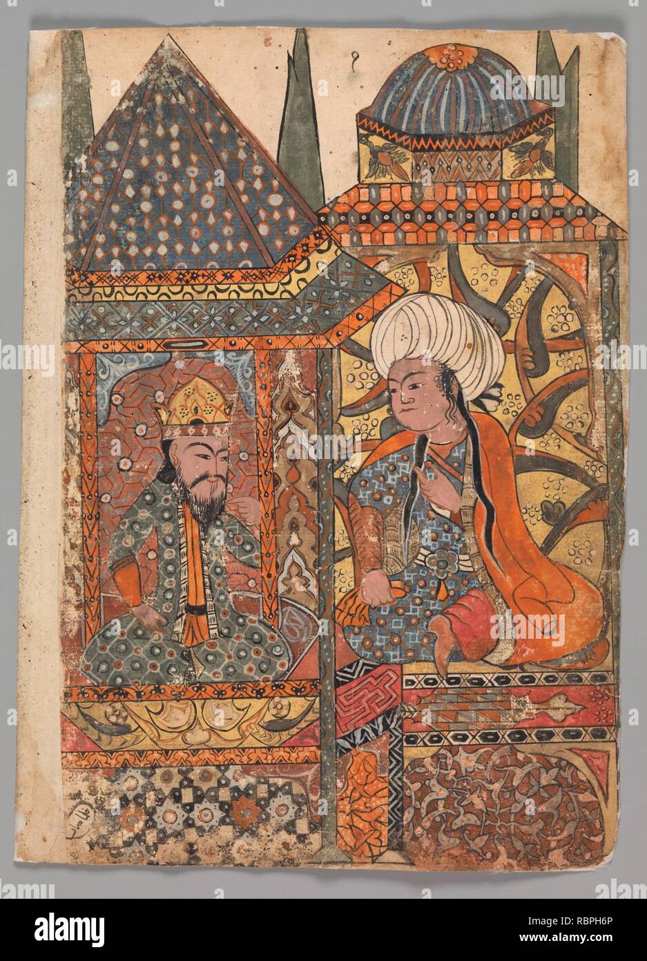 ‘Burzuyeh is Summoned by Nushirvan on his Return from India‘, Folio from a Kalila wa Dimna Stock Photo