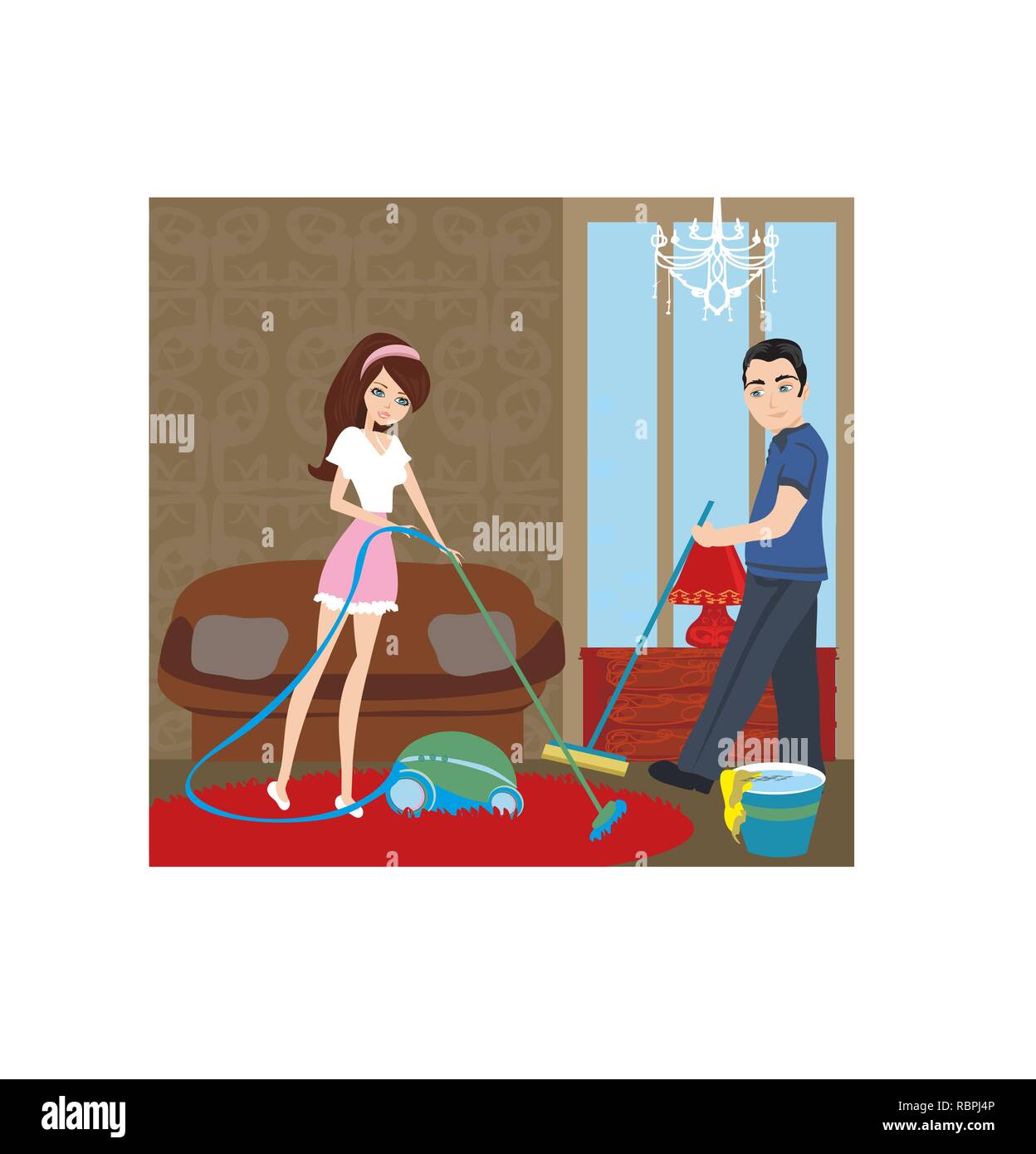 Couple cleaning at home Stock Vector