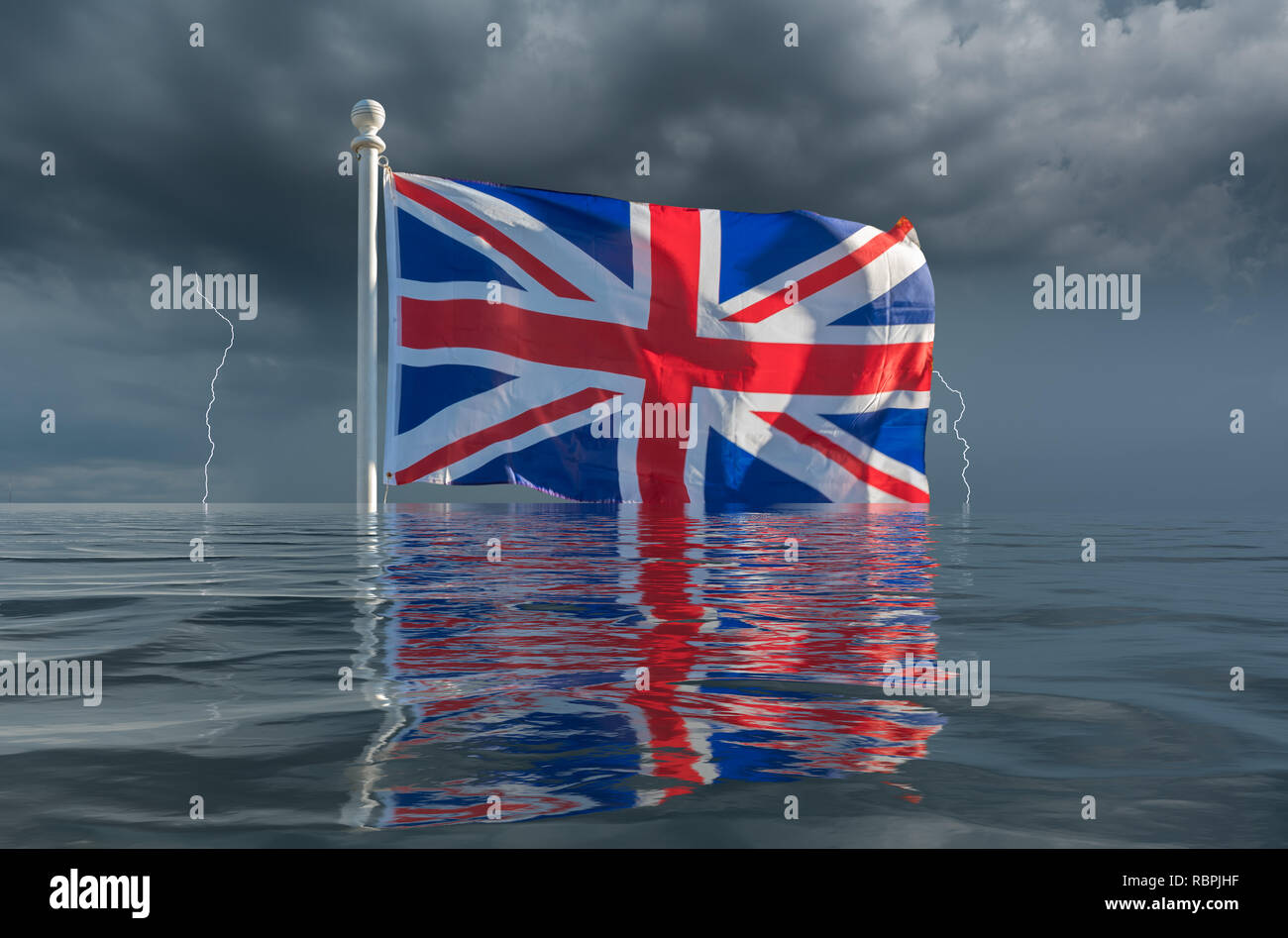 Union Jack or Union Flag sinking under waves with hard brexit or after leaving the European Union with a poor deal or no deal Stock Photo