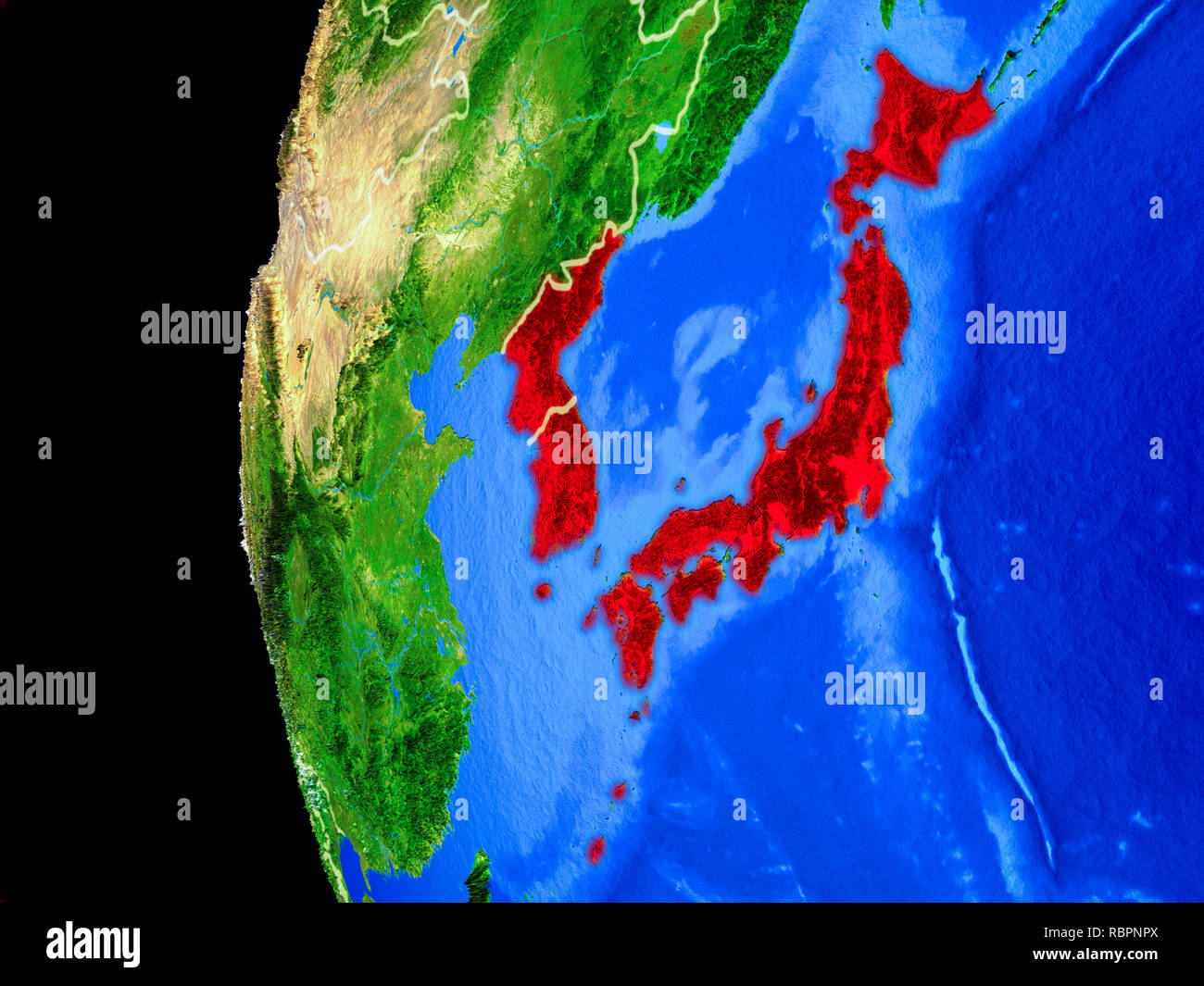 Japan and Korea from space on realistic model of planet Earth with ...