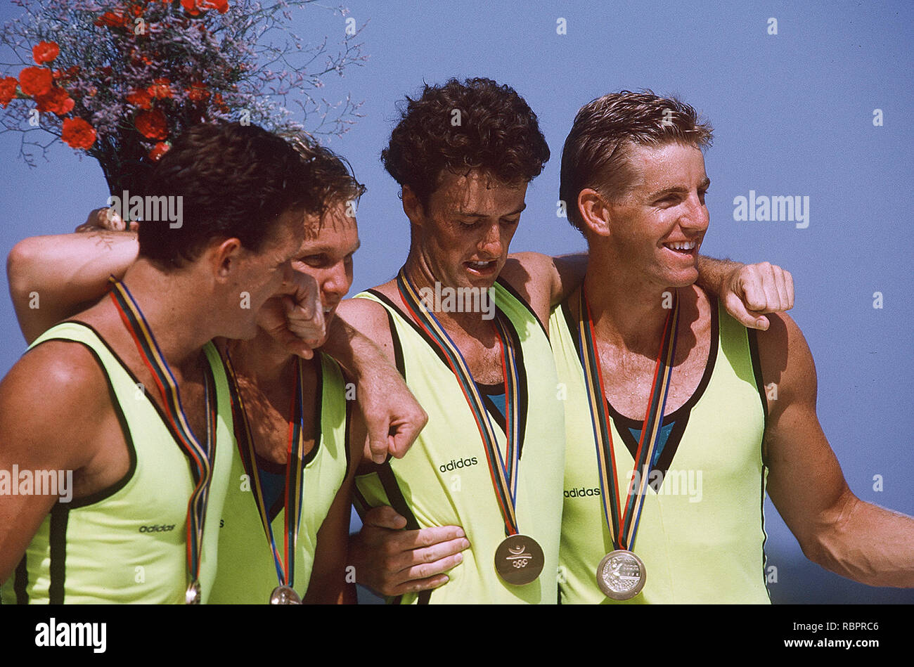 Barcelona Olympic Games 1992, Olympic Regatta - Lake Banyoles AUS M4-'Oarsome foursome' Andrew Cooper, Michael Scott, Nick Green and James Tomkins  Awards Dock with Gold medals. {Mandatory Credit: © Peter Spurrier/Intersport Images] Stock Photo