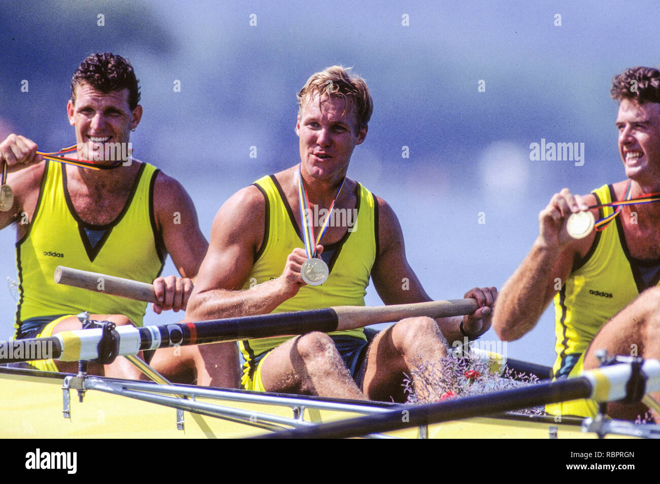 Barcelona Olympics 1992 - Lake Banyoles, SPAIN, Gold Medallist, AUS M4- [Oarsome Foursome] left to Right, Andrew  COOPER, Mike MCKAY and  Nick GREEN[Mandatory Credit; Peter SPURRIER; Intersportsport Images] Stock Photo