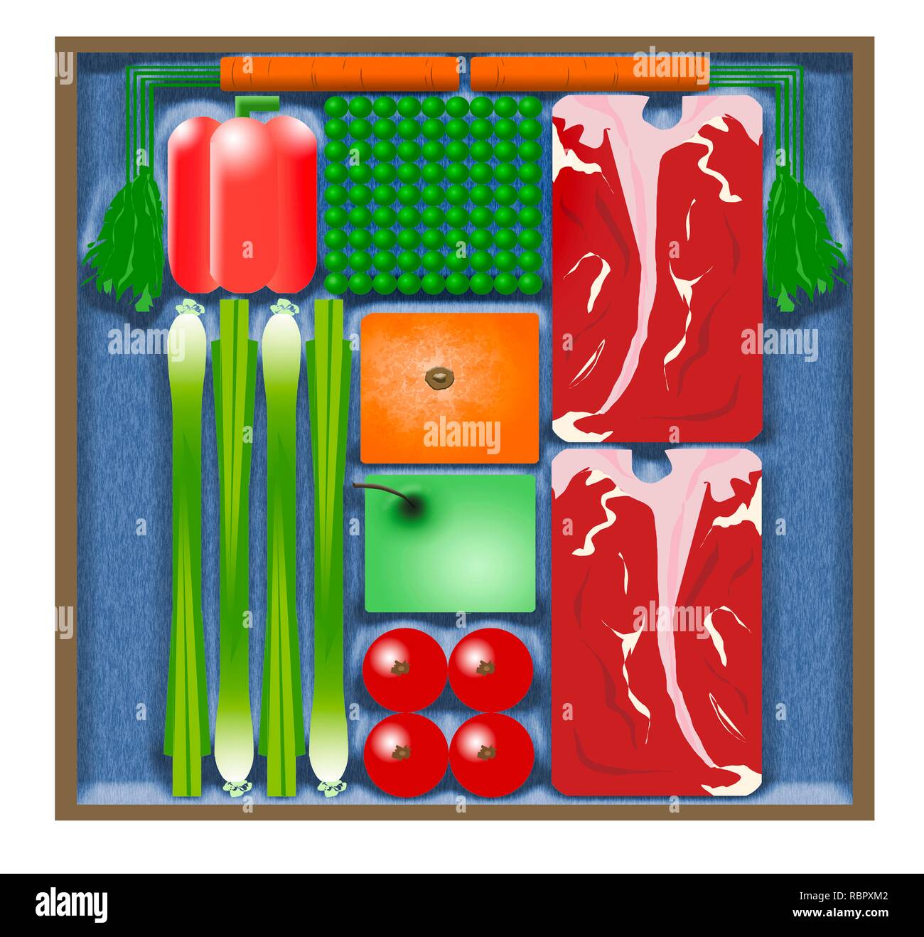 Here is an illustration of pre-packaged cook at home meal kits that are delivered to. your door. It includes steaks, peas, carrots, orange, apple, asp Stock Photo