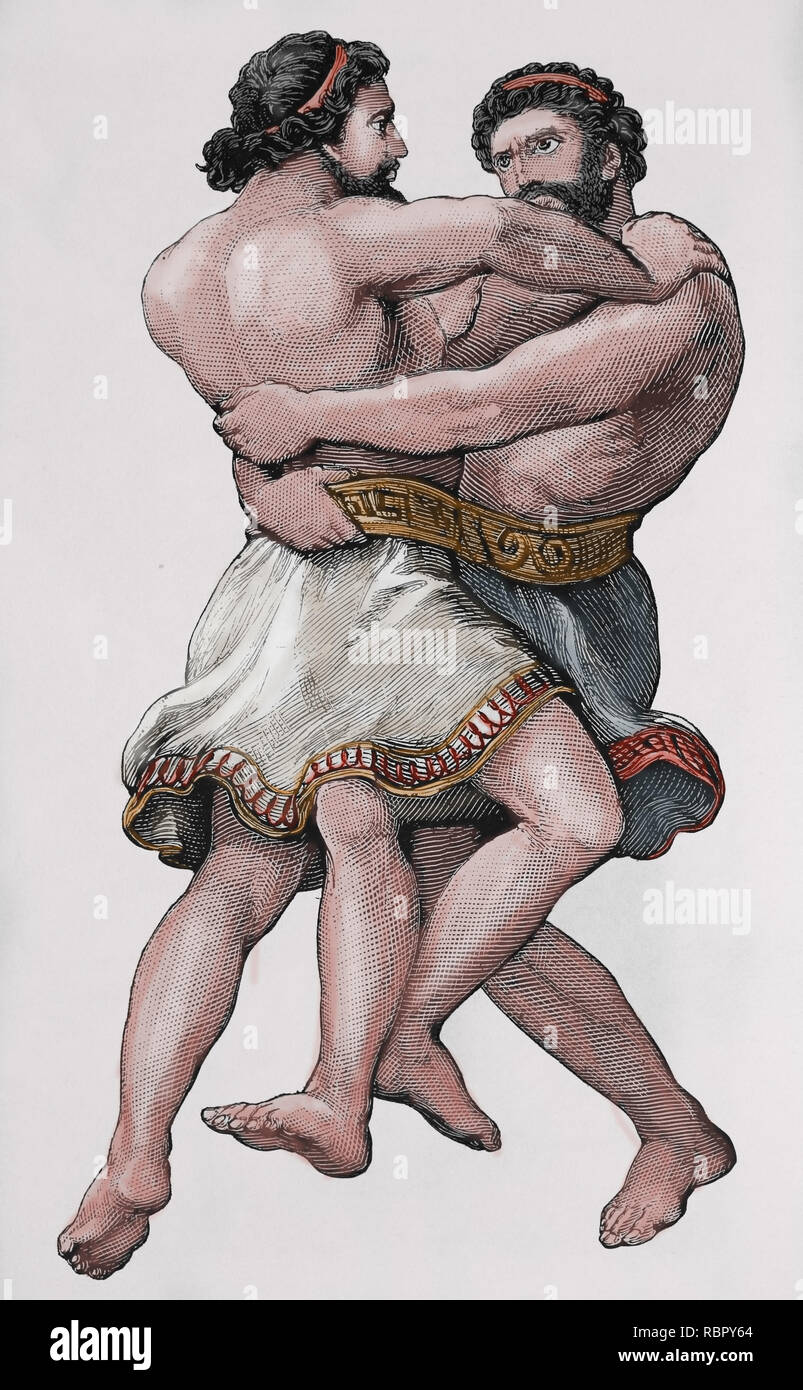 Classical TImes. Wrestling. Combat sport. Engraving, 19th century. Stock Photo
