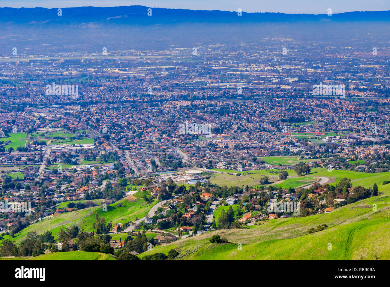 View towards San Jose from the hills of Sierra Vista Open Space Preserve, south San Francisco bay, California Stock Photo