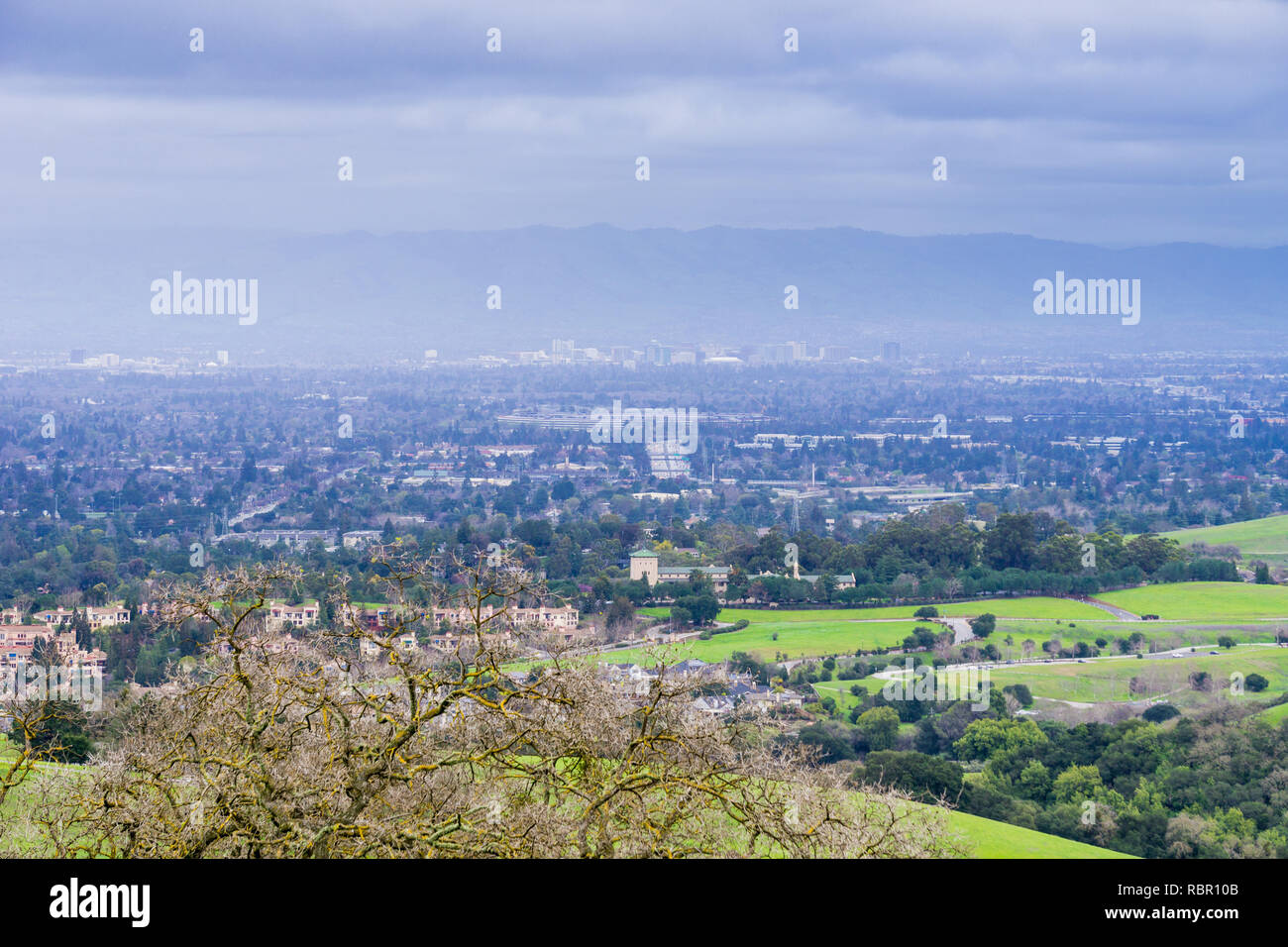 View towards San Jose and Cupertino on a cloudy day, after a storm, south San Francisco bay, California Stock Photo