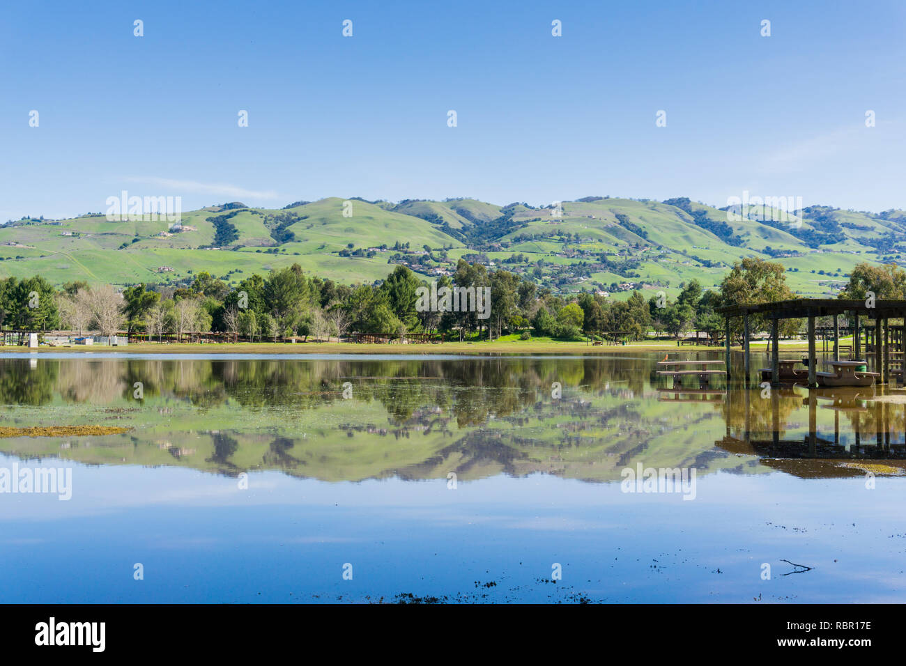 Landscape in Cunningham Lake; green mountains in the background, San Jose, south San Francisco bay, California Stock Photo