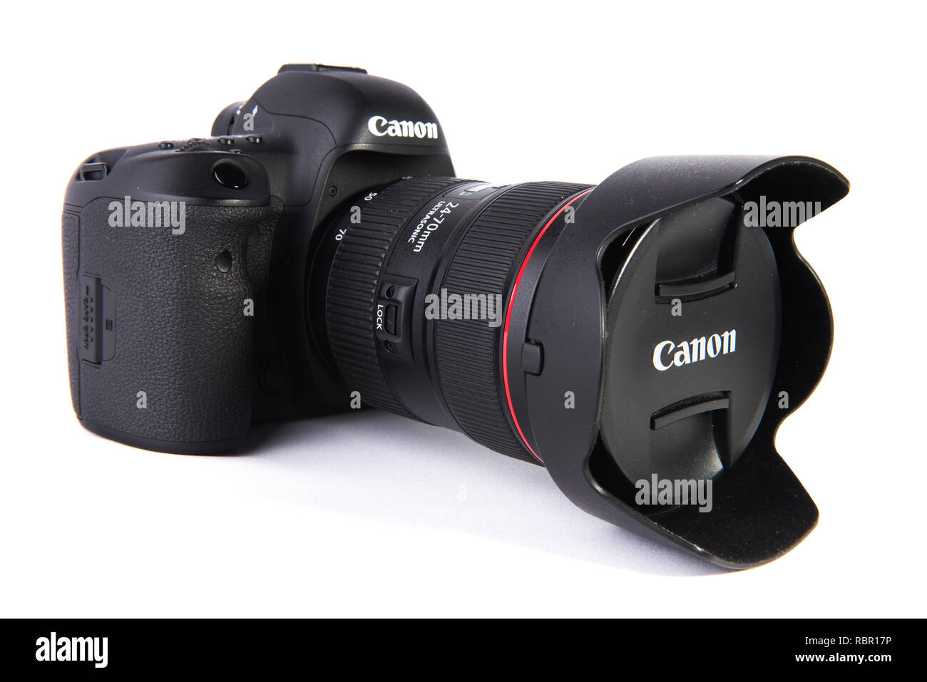 Canon 5D MARK IV DSLR camera with 2470mm lens attached isolated on