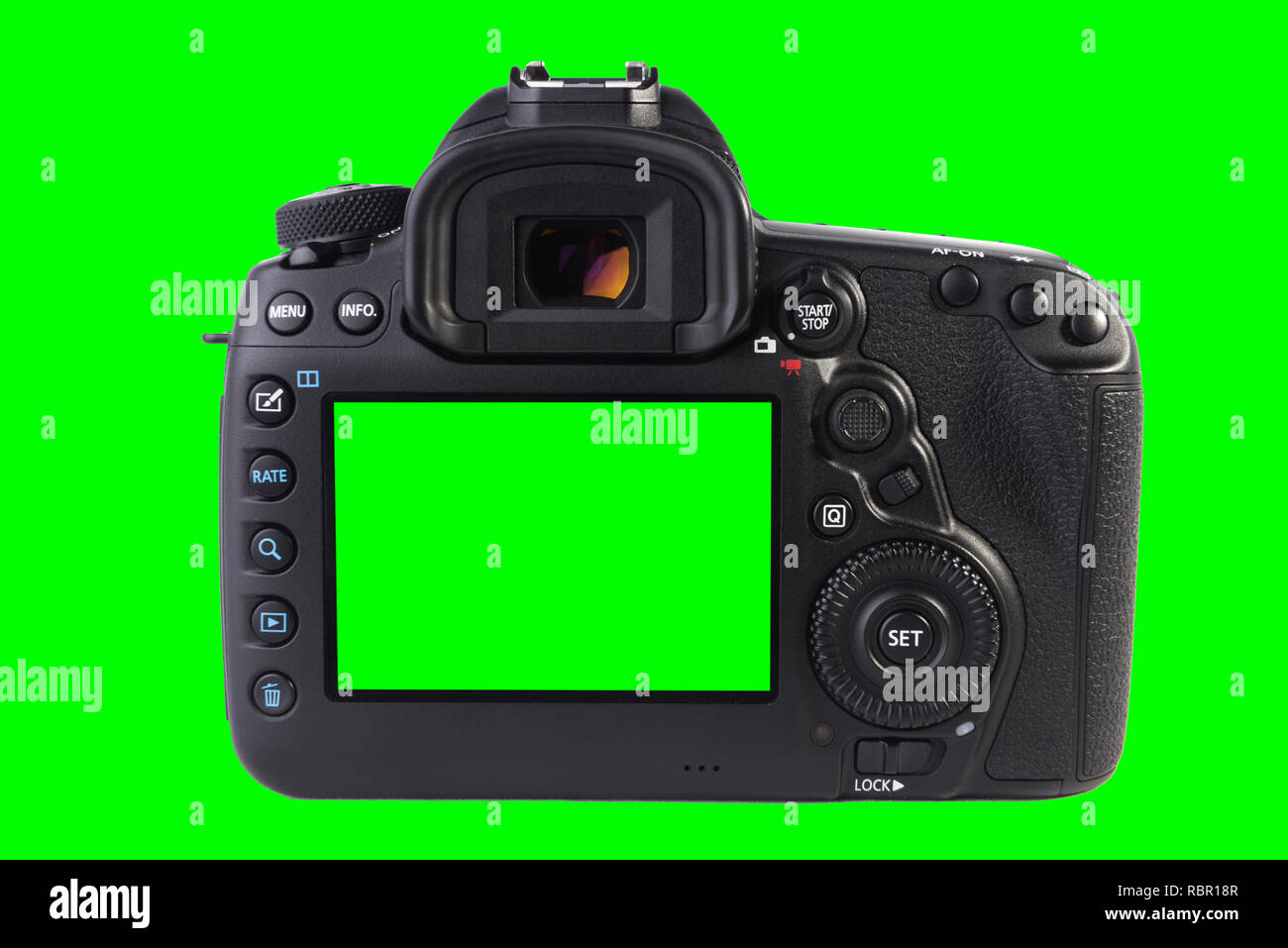Canon 5D MARK IV DSLR camera body from back isolated on green background. Stock Photo