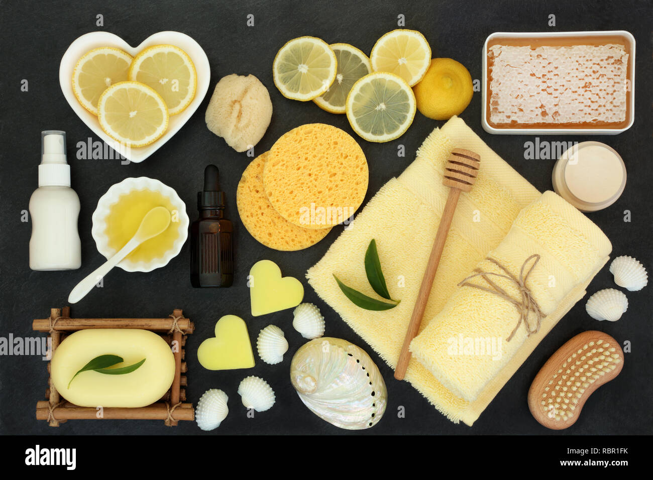 Lemon spa skincare and beauty treatment products including fresh lemons