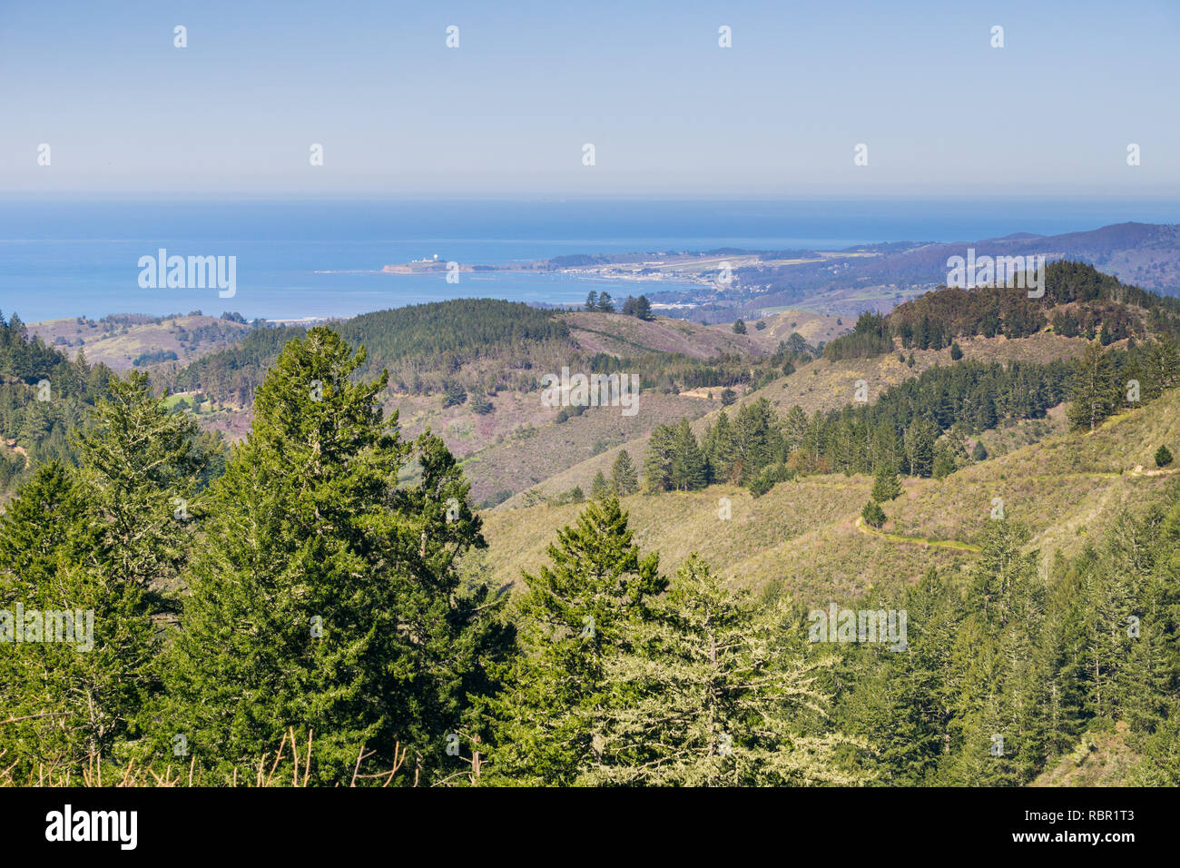 View towards the Pacific Ocean and Pillar Point Harbor from Purisima Creek Redwoods Park on a clear day, California Stock Photo
