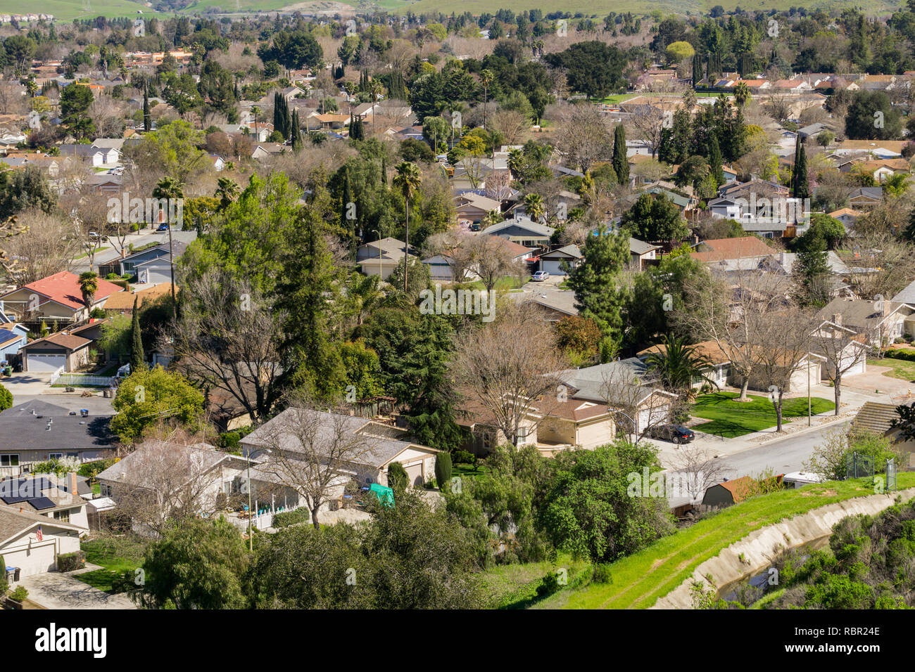 Aerial view of residential neighborhood in San Jose, south San Francisco bay, California Stock Photo