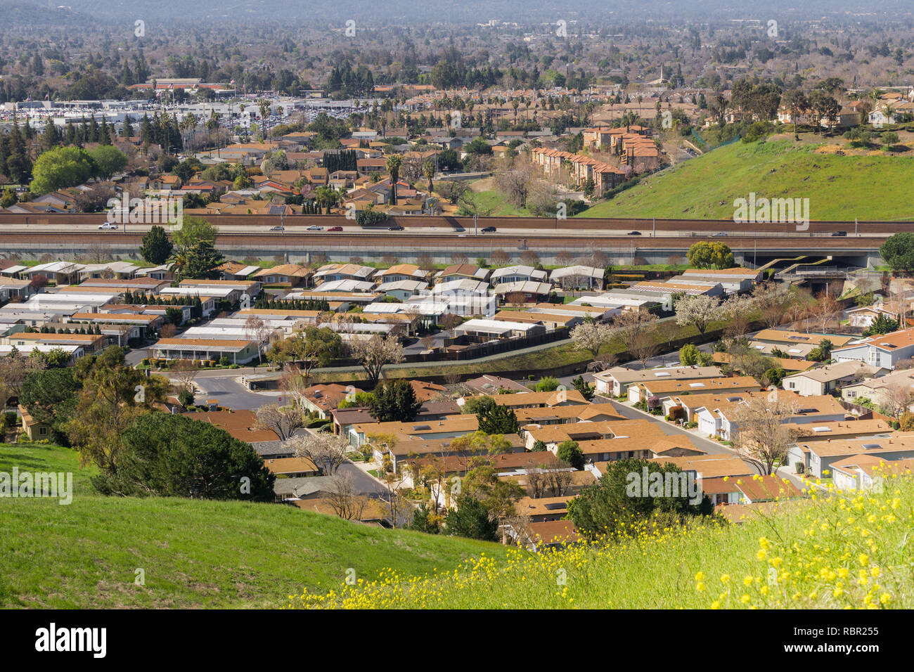 View towards Guadalupe Freeway from Communications Hill, San Jose, California Stock Photo