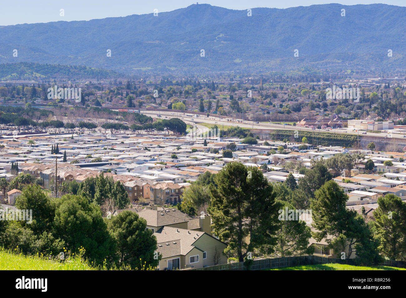 View towards Guadalupe Freeway and Almaden Valley from Communications Hill, San Jose, California Stock Photo