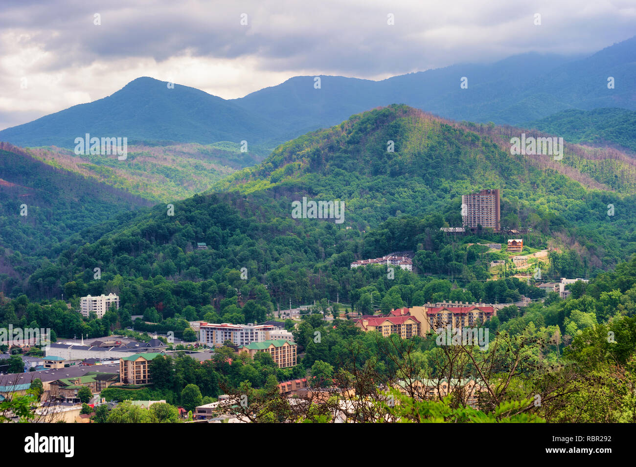 Gatlinburg Tennessee is well known at a gateway to the Great Smoky Mountain National Park. Stock Photo