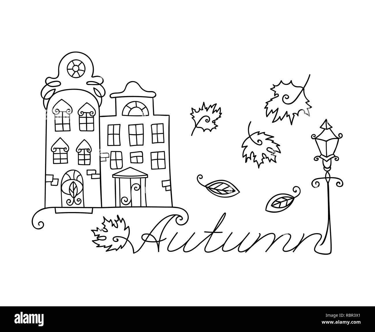 Adult coloring cute houses and Autumn inscription Stock Vector Image