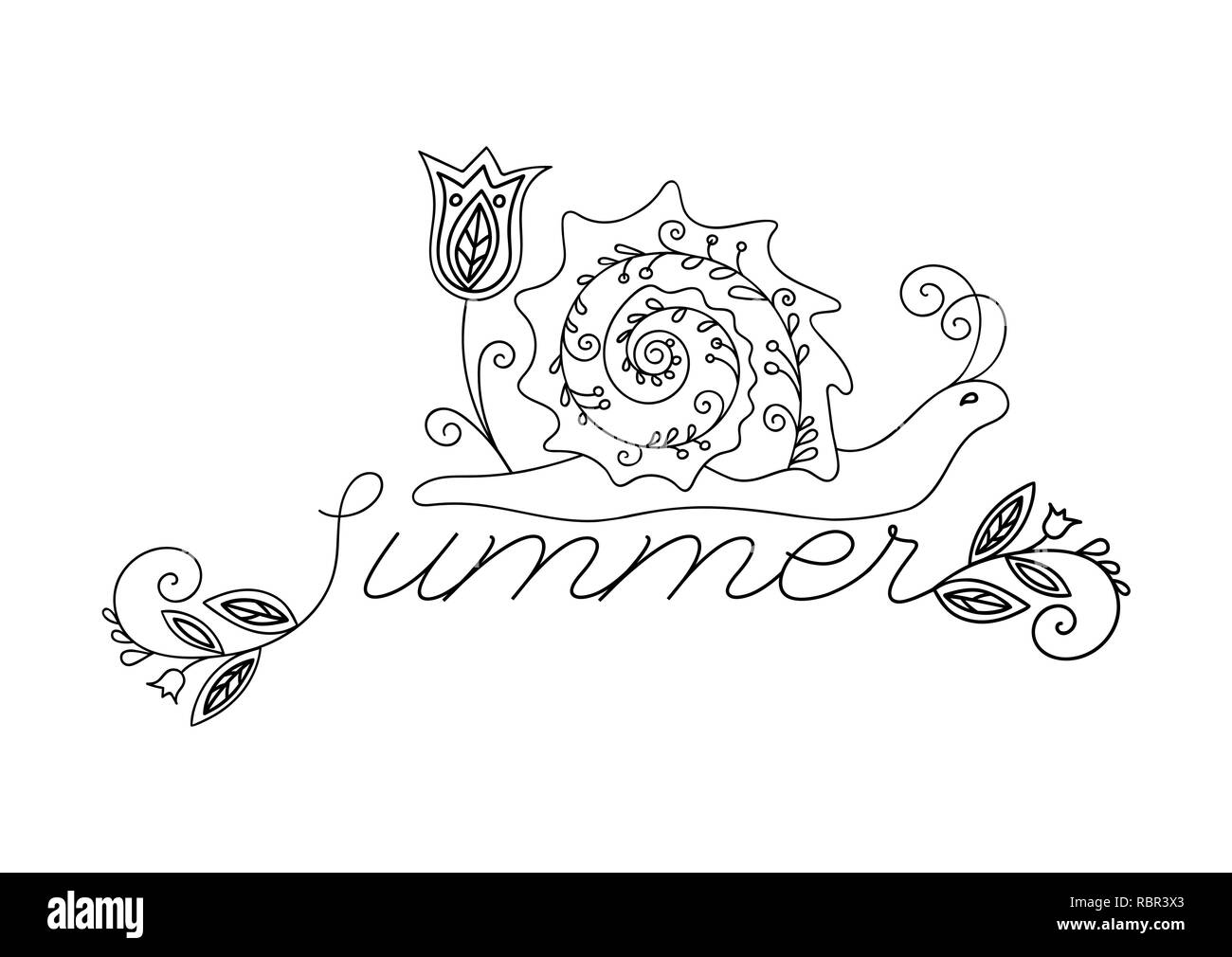 Adult coloring funny snail and Summer inscription Stock Vector Image