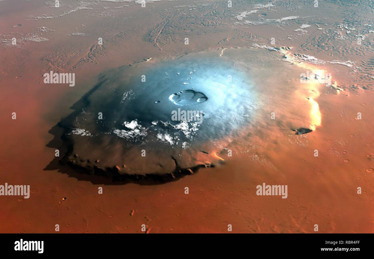 Illustration looking down on the Olympus Mons shield volcano on Mars, viewing to the west, from an approximate altitude of 350 kilometres. Ice (white) lies on its upper slopes that tower 24 kilometres above the surrounding plain. Steep cliffs surround the volcano, rising a sheer 10 kilometres. Shield volcanoes are flat, and Olympus Mons is a massive 600 kilometres across and is the largest mountain in the solar system. The topography of this artwork was created with 3DS Max software, using data from the laser altimeter on the Mars Global Surveyor probe. Stock Photo