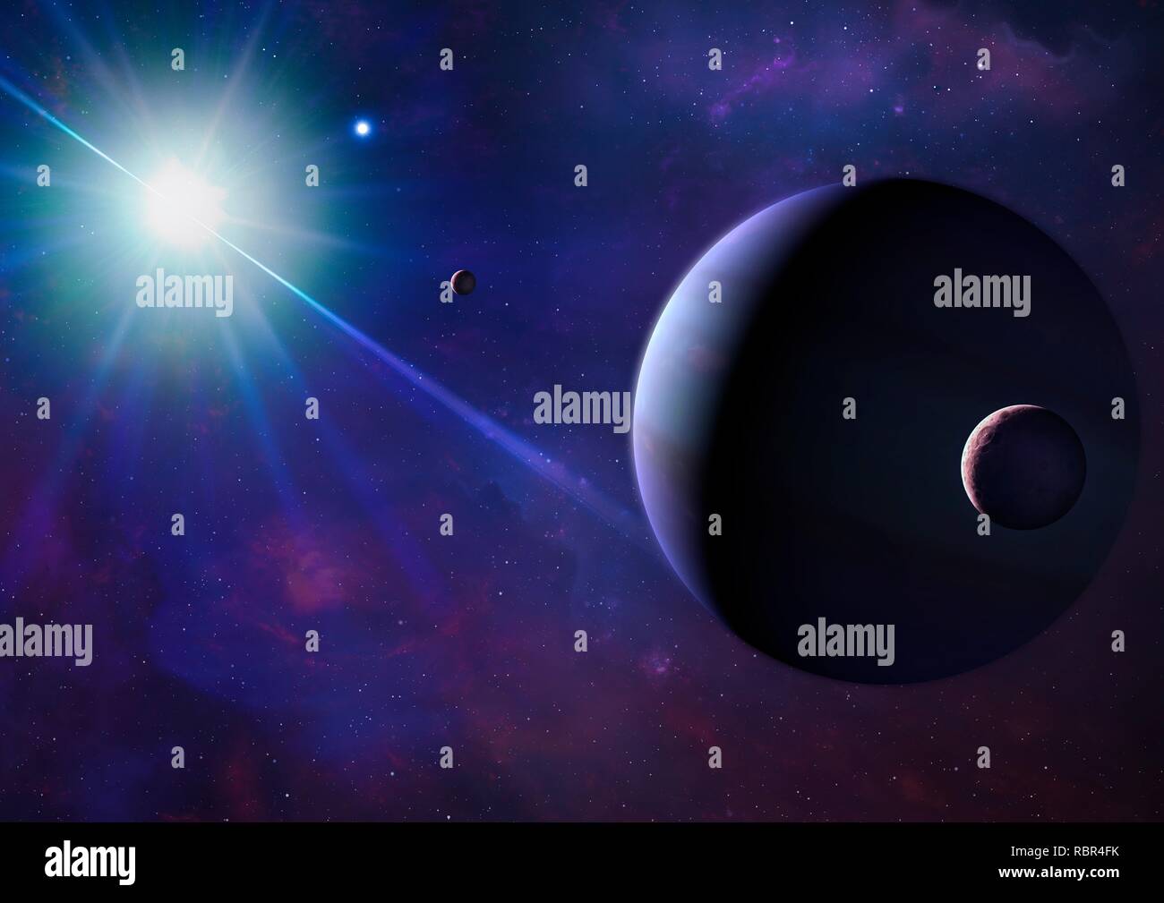 Illustration of a planet and its moon orbiting a pulsar. Pulsars are very rapidly spinning neutron stars the dead cores of massive stars rotating on their axes often hundreds of times every second. Radio and optical beams of radiation, emitted from the pulsar's magnetic poles, flash across our line of sight and the star appears to blink on and off as it spins. At least one pulsar (PSR J1719-1438) is known to host an extrasolar planet. In fact this planet, which is made of solid diamond, was the first extrasolar planet ever found. Methuselah's planet, orbiting PSR B1620-26, is another example Stock Photo