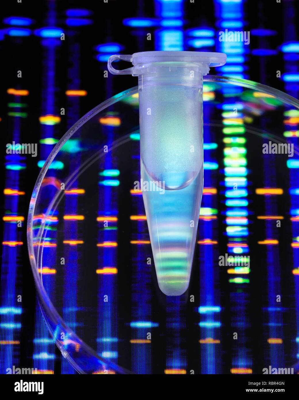Research. A eppendorf tube containing a DNA (deoxyribonucleic acid) sample with the DNA