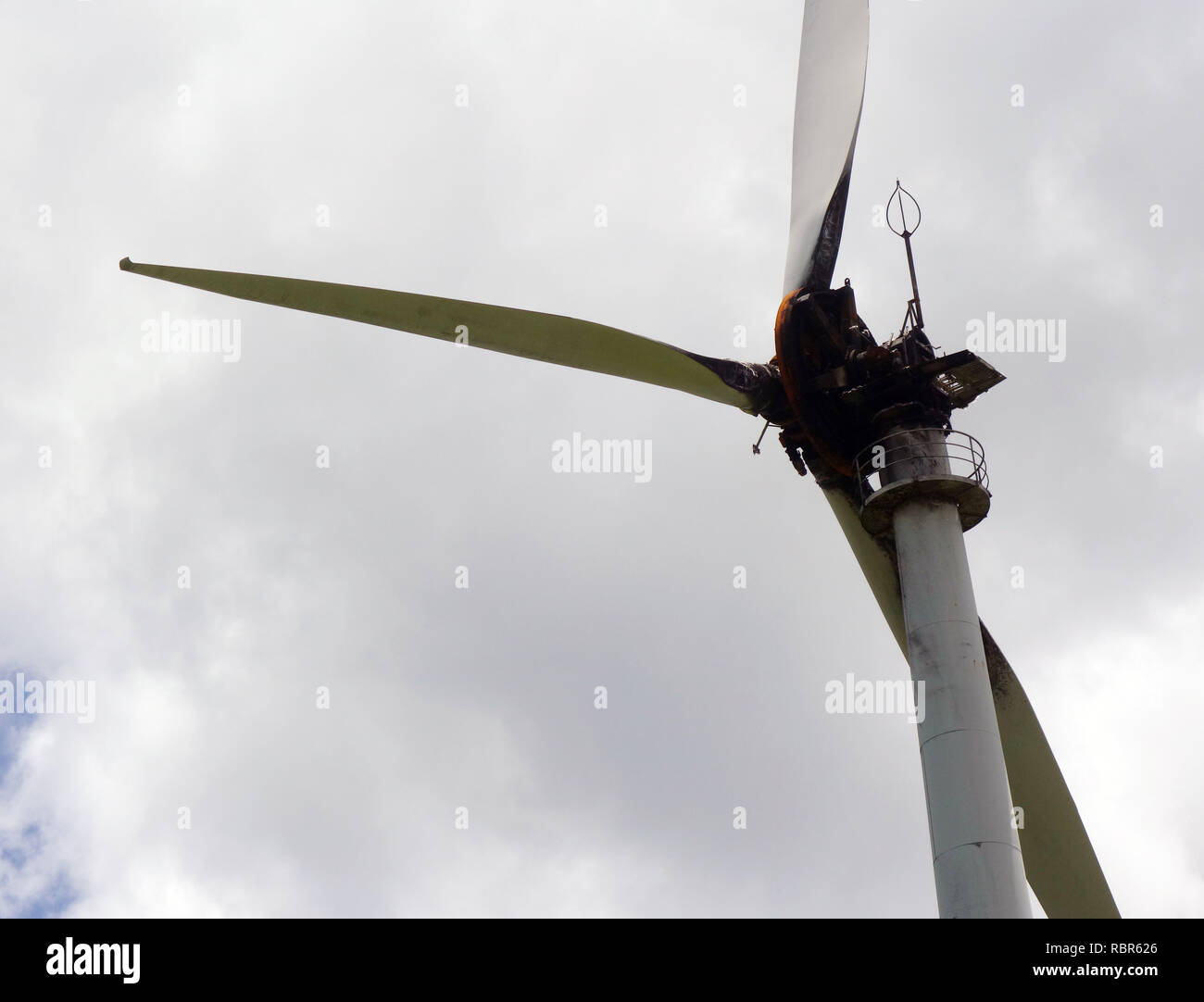 Wind turbine in which nacelle has caught fire, Windy Hill wind farm, near Ravenshoe, Queensland, Australia. No PR Stock Photo
