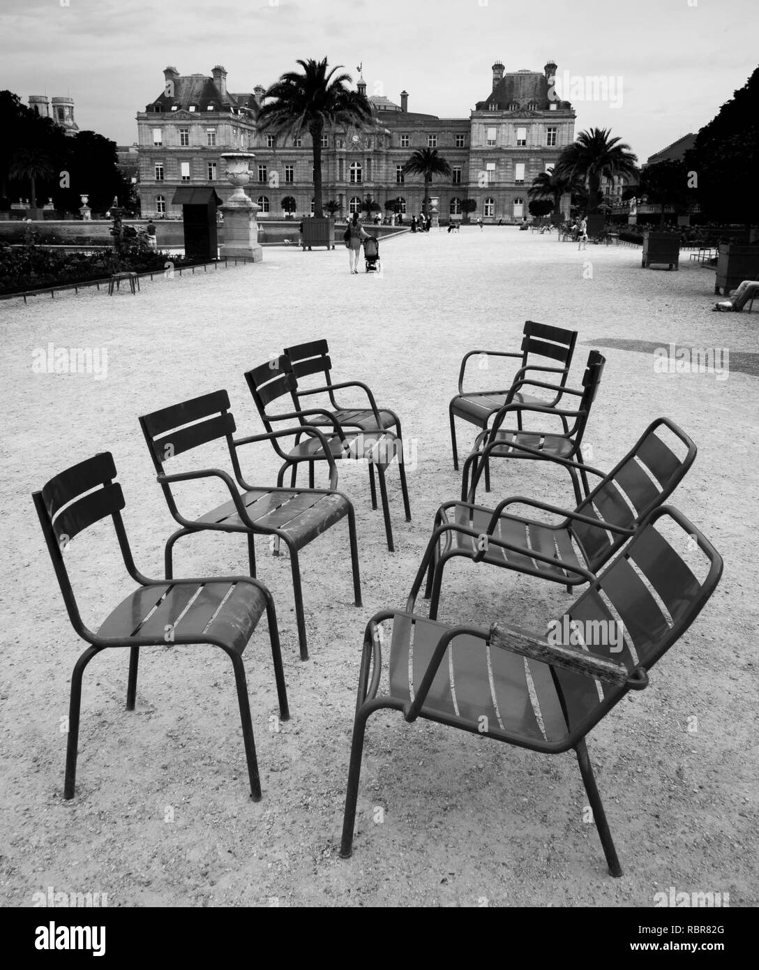 A collection of chairs in the Luxembourg Gardens, Paris July 2015 Stock