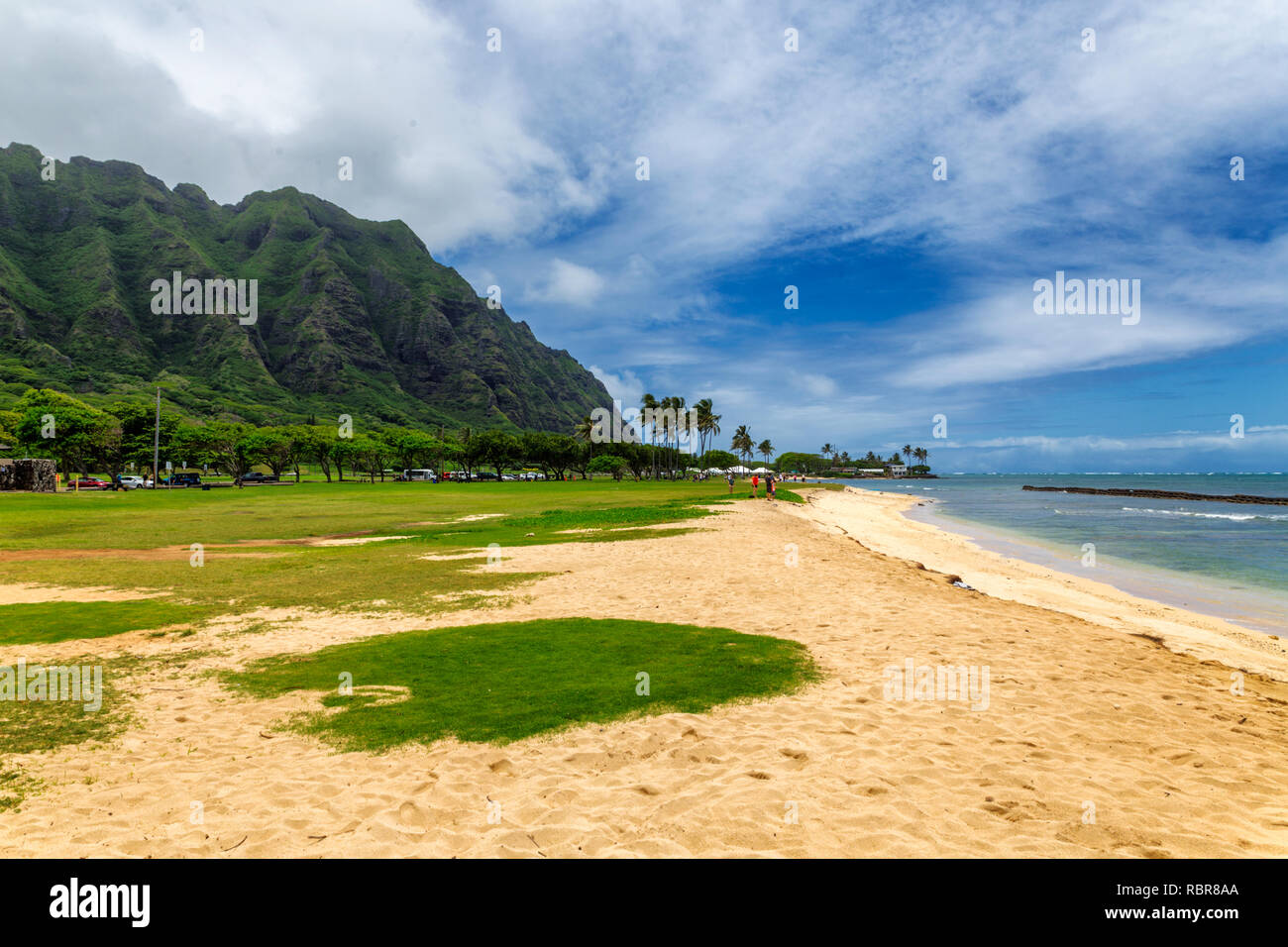 Kualoa beach park and mountain range on Oahu island, Hawaii Stock Photo