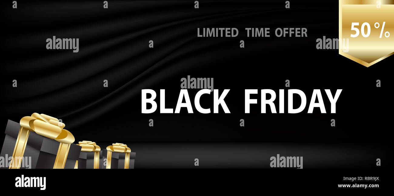 Black Friday with gifts on black curtain and stage background Stock