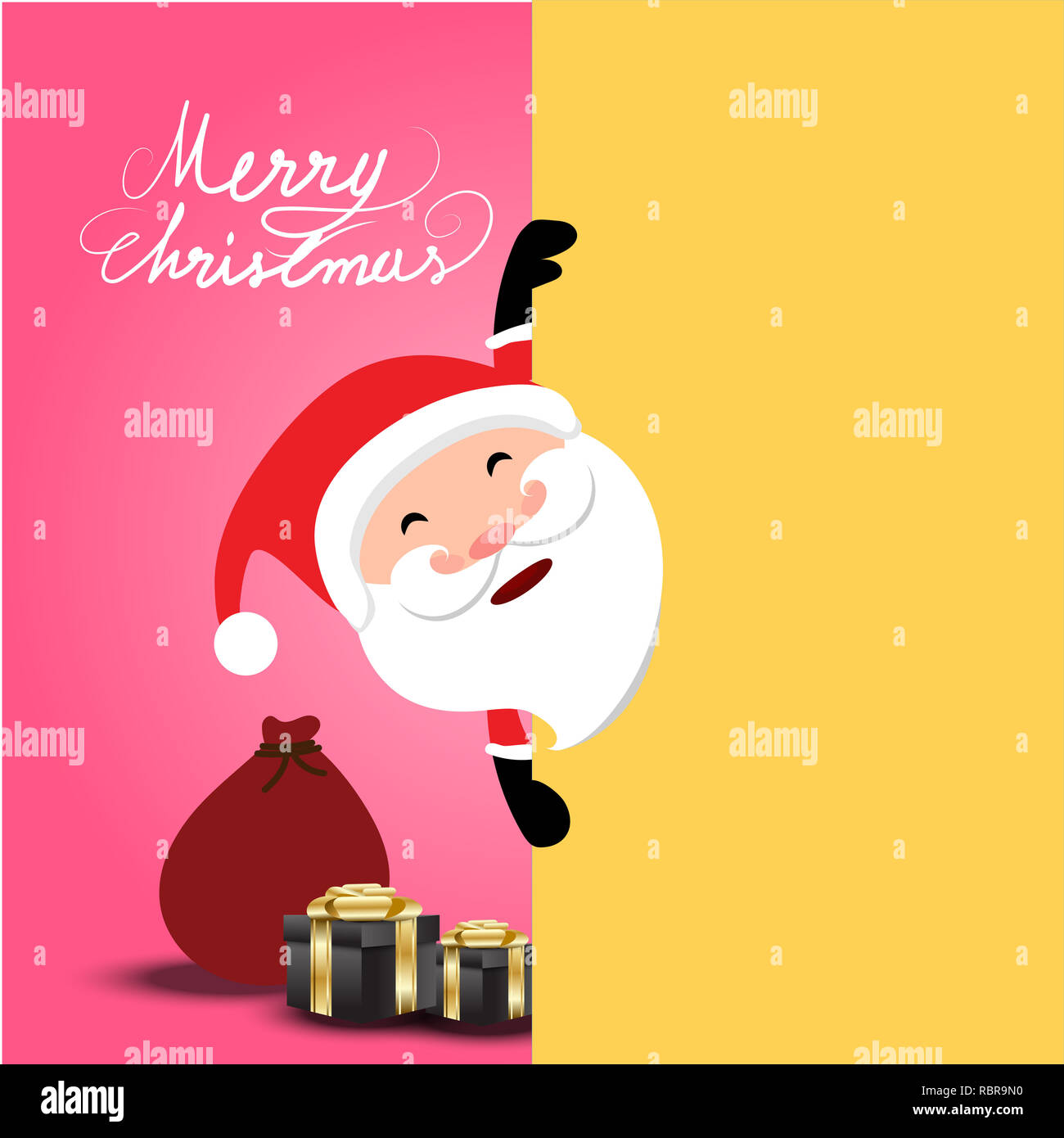 Christmas on soft pink background, Santa Claus showing yellow empty bill board, can presented your work Stock Photo