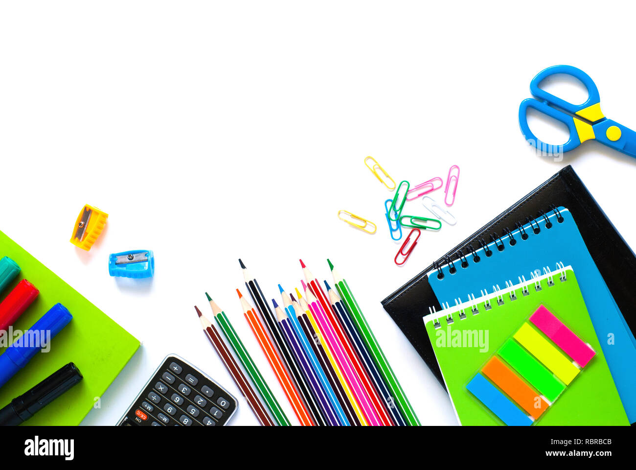 School and office supplies. Top view. Isolated on white background with