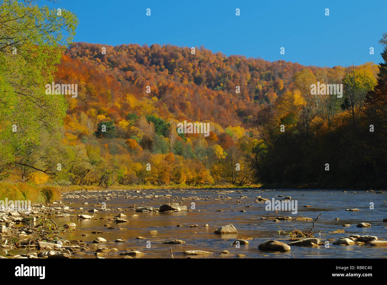 Beautiful autumn in the San Valley. Otryt Mountain range. Bieszczady Mountains. Polnad. Stock Photo