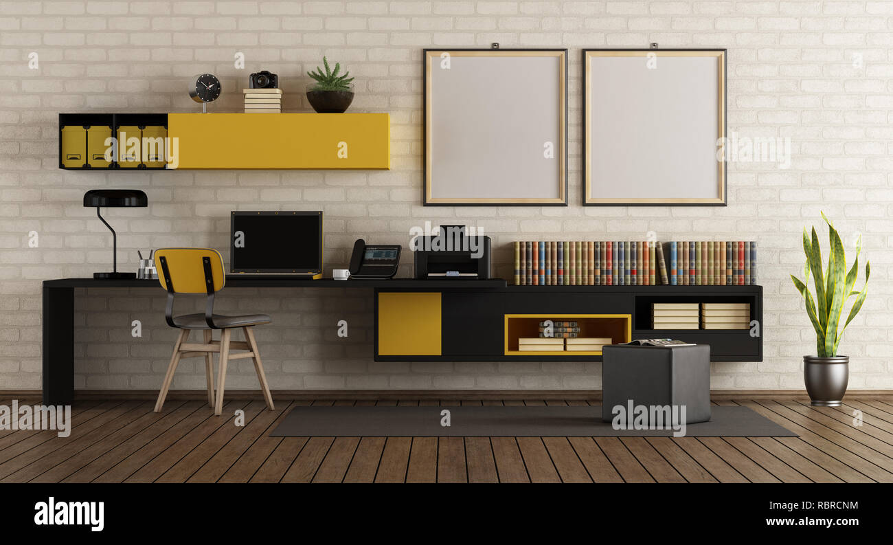 Modern home office with black and yellow furniture against white brick wall - 3d rendering Stock Photo
