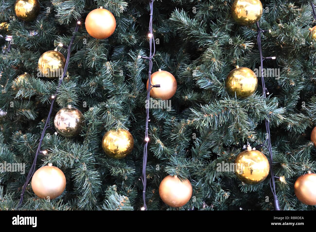Colorful sparkling christmas decoration with lights on pine trees Stock