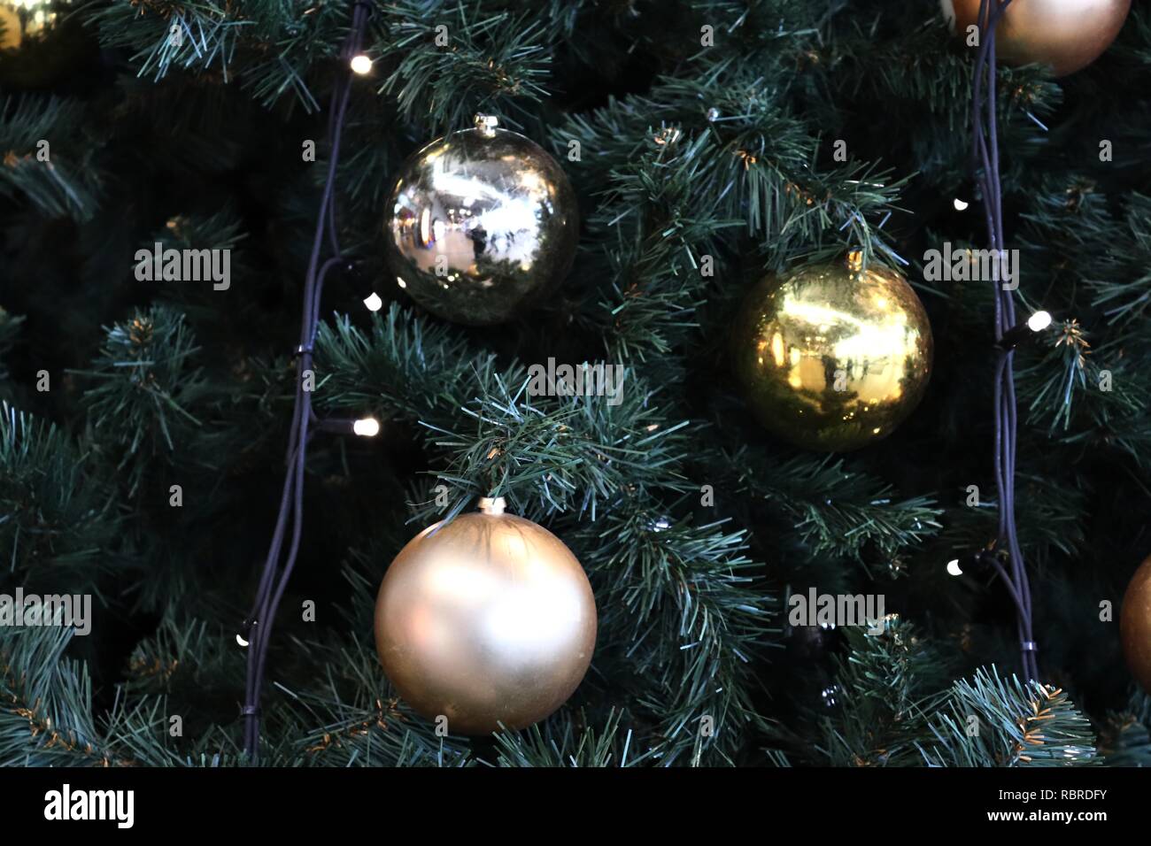 Colorful sparkling christmas decoration with lights on pine trees Stock