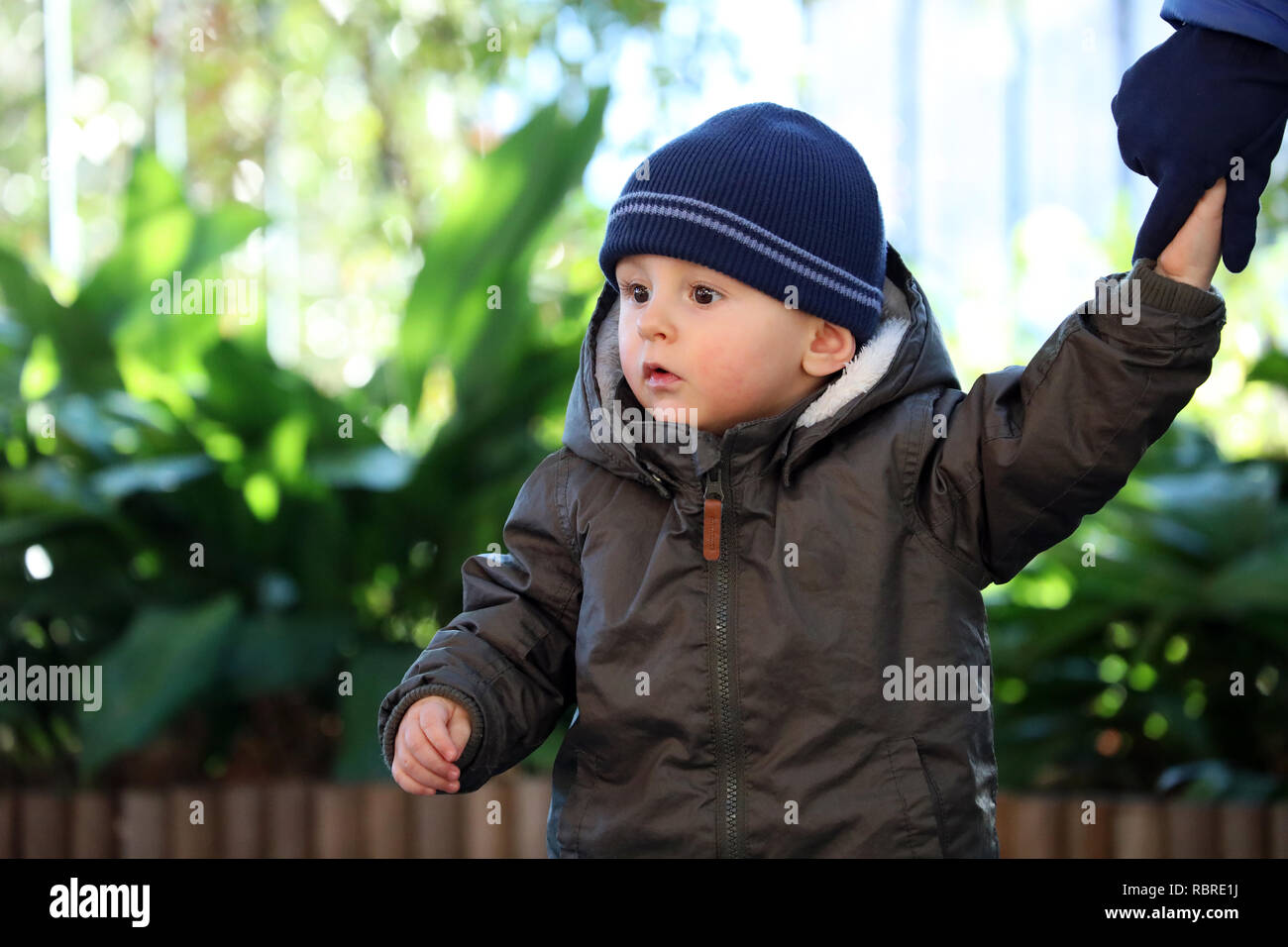 Close Up Portrait Of Cute Baby Boy Wearing A Blue Knit Winter Hat And ...