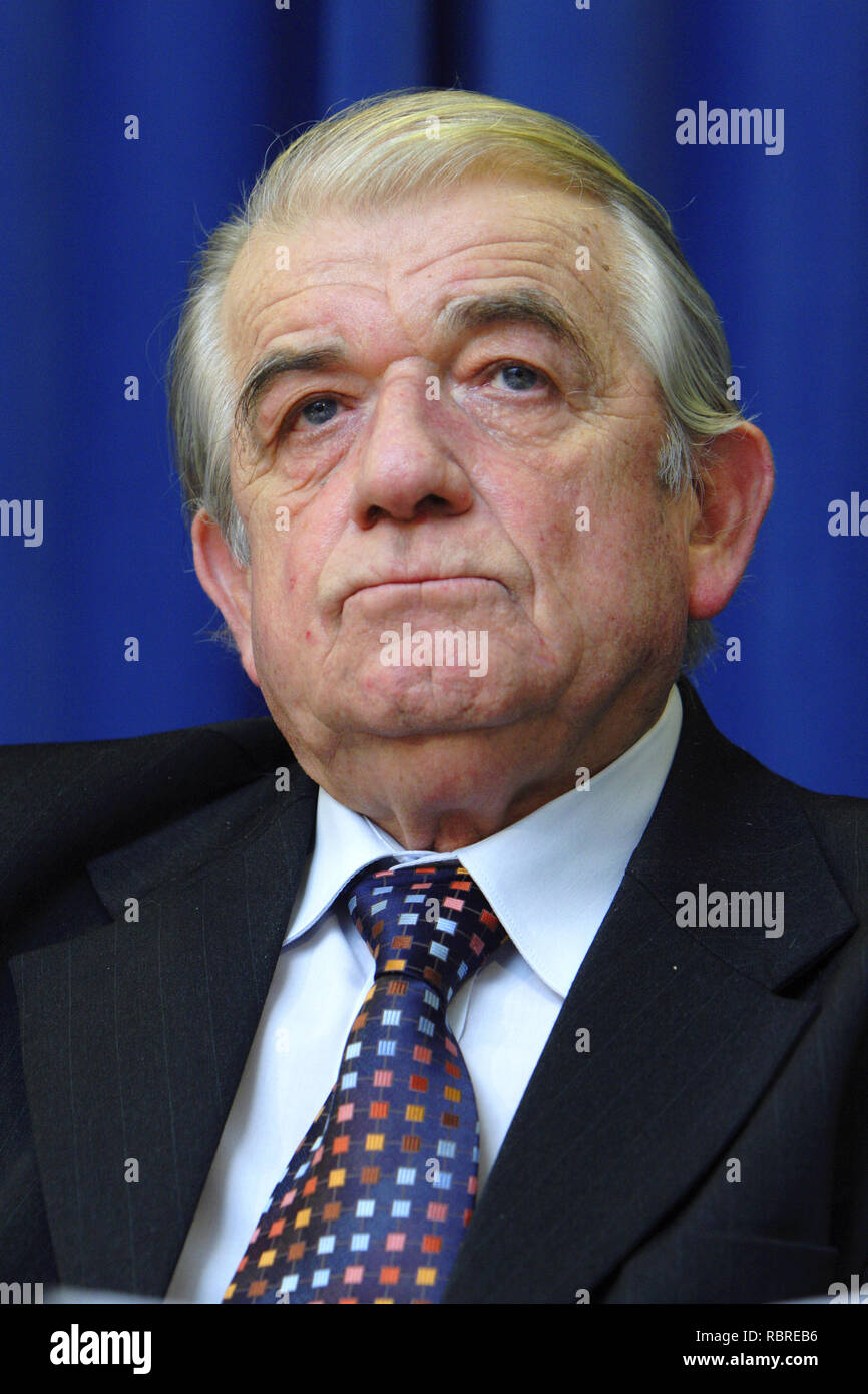 Warsaw, Mazovia / Poland - 2007/02/05: Zbigniew Religa - Minister of Health in a Polish cabinet and famous cardiac surgeon in a press conference Stock Photo