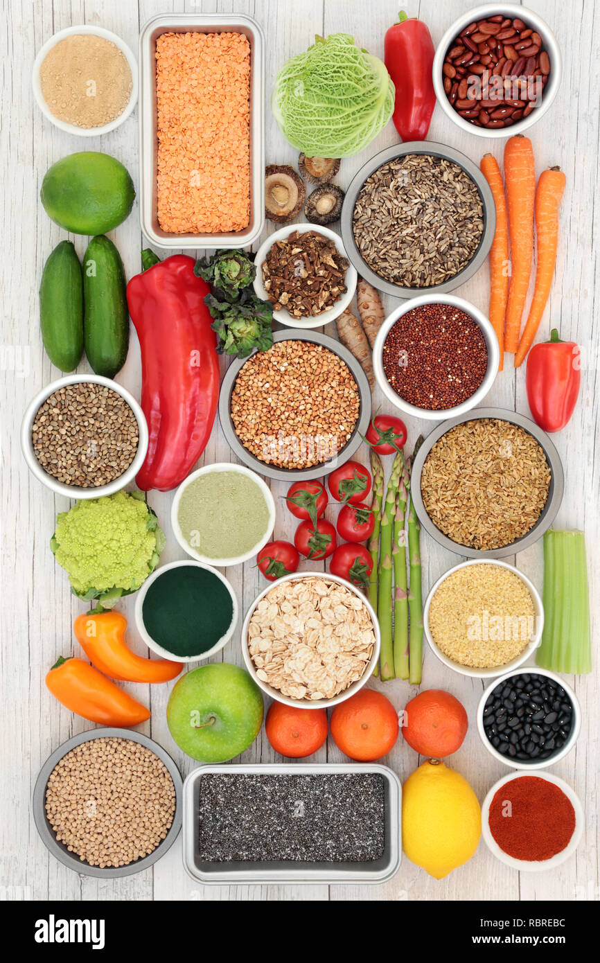 Liver detox diet health food concept with fruit, vegetables, herbal