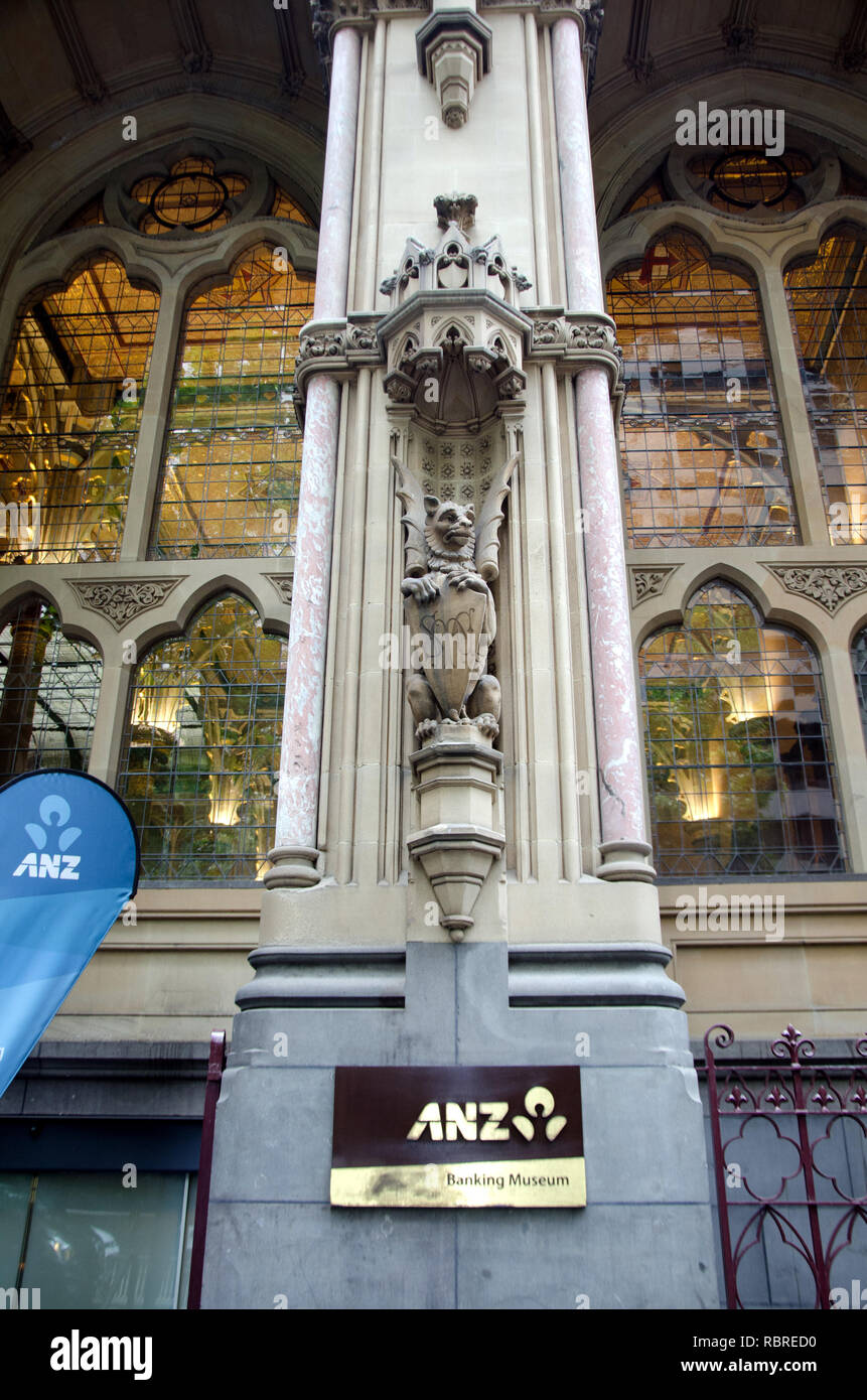 Ornamental sculpture adorns the exterior of Melbourne's city centre ANZ bank; it opened in 1838 Stock Photo