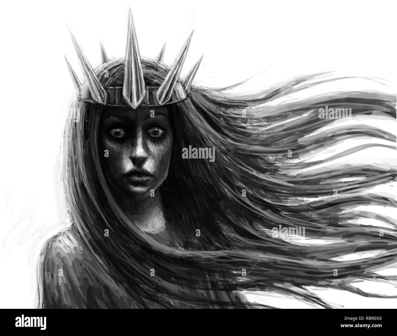 Dark queen with crown and flowing hair. Fantasy illustration Stock