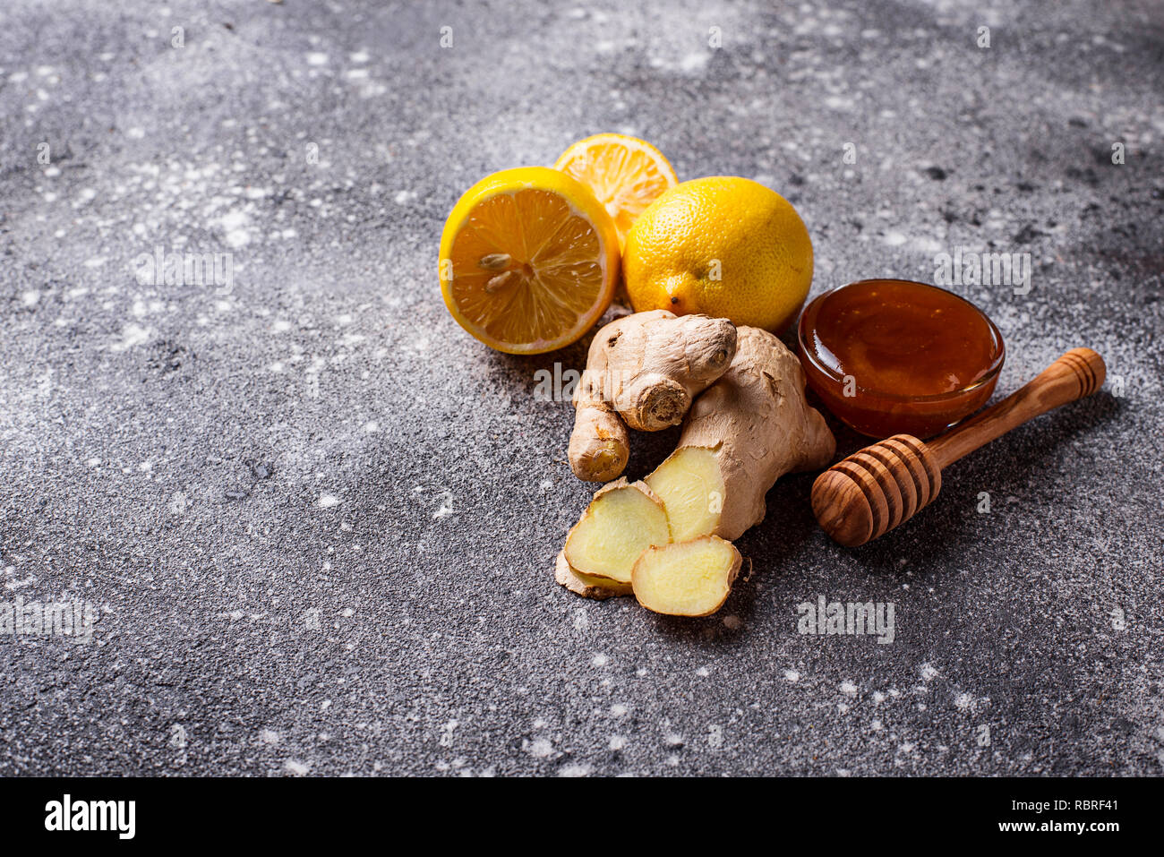 Lemon, ginger and honey. Natural cough and flu remedies. Stock Photo