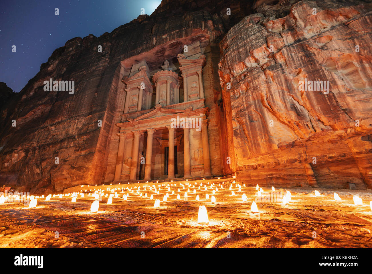 Petra by night, Treasury ancient architecture in canyon, Petra in Jordan. 7 wonders travel destination in Jordan Stock Photo