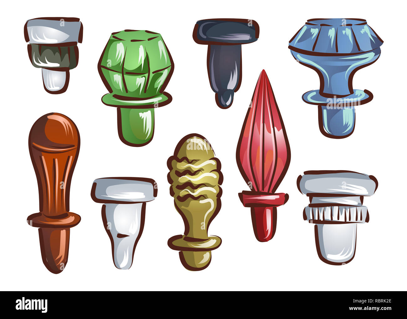Illustration of Different Glass Stoppers in Different Shapes and Colors for Bottle Collection Stock Photo