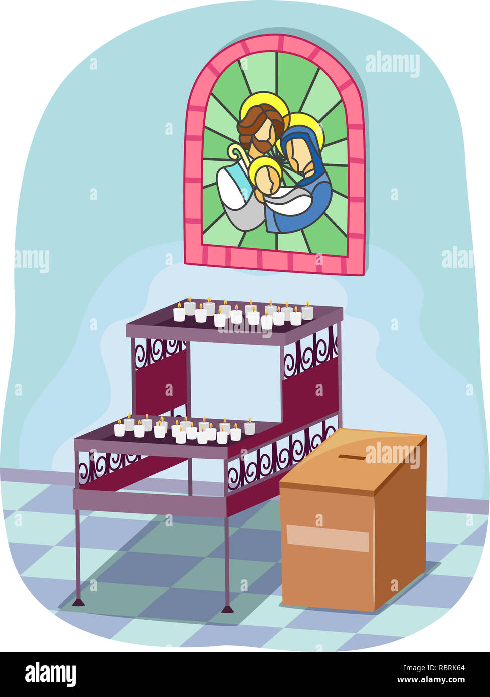 Illustration of Lighted Votive Candles Inside Church with Stained Glass